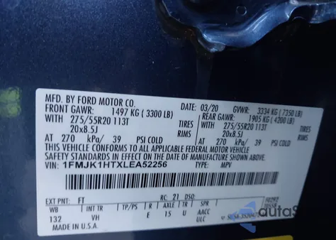 2020 Ford Expedition Xlt Max из США, поврежденный, VIN 1FMJK1HTXLEA52256